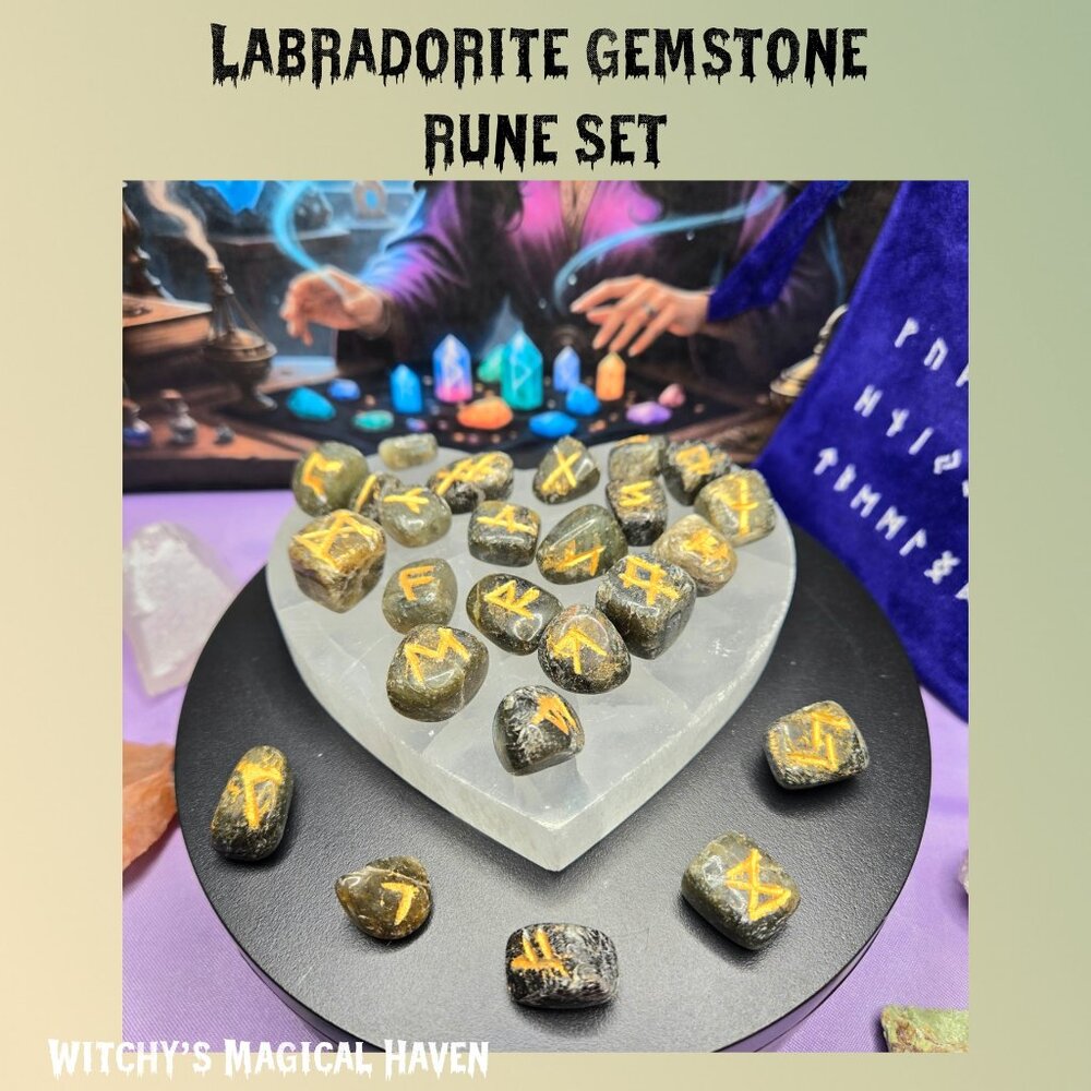 Labradorite Gemstone Rune Divination Set and Bag